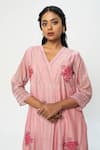 Pants and Pajamas_Pink Chanderi Embroidery V-neck Long Kurta _Online_at_Aza_Fashions