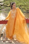 Shop_Pants and Pajamas_Orange Chanderi, Organza Embroidery Round Neck Kurta Set _at_Aza_Fashions