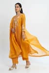 Buy_Pants and Pajamas_Orange Chanderi, Organza Embroidery Round Neck Kurta Set 