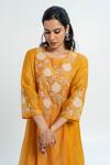 Pants and Pajamas_Orange Chanderi Embroidery Round Neck Kurta Set _Online_at_Aza_Fashions