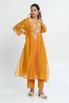 Shop_Pants and Pajamas_Orange Chanderi Embroidery Round Neck Kurta Set _Online_at_Aza_Fashions