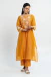 Buy_Pants and Pajamas_Orange Chanderi Embroidery Round Neck Kurta Set _at_Aza_Fashions