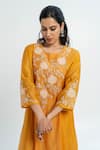 Buy_Pants and Pajamas_Orange Chanderi Embroidery Round Neck Long Kurta _Online_at_Aza_Fashions