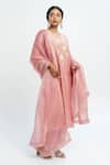 Shop_Pants and Pajamas_Pink Chanderi, Cotton, Organza Embroidery Round Neck Kurta Set _at_Aza_Fashions