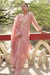 Shop_Pants and Pajamas_Pink Chanderi, Cotton, Organza Embroidery Round Neck Kurta Set _Online_at_Aza_Fashions