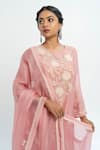 Pants and Pajamas_Pink Chanderi, Cotton, Organza Embroidery Round Neck Kurta Set _at_Aza_Fashions