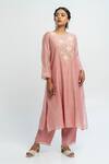 Buy_Pants and Pajamas_Pink Chanderi Embroidery Round Neck Kurta Set _at_Aza_Fashions