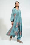 Pants and Pajamas_Blue Chanderi Embroidery V-neck Printed Kurta Set _Online_at_Aza_Fashions