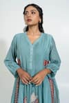 Buy_Pants and Pajamas_Blue Chanderi Embroidery V-neck Printed Kurta Set _Online_at_Aza_Fashions
