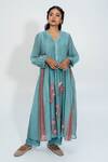 Buy_Pants and Pajamas_Blue Chanderi Embroidery V-neck Printed Kurta Set _at_Aza_Fashions