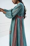 Pants and Pajamas_Blue Chanderi Embroidery V-neck Printed Kurta Set _at_Aza_Fashions