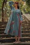 Buy_Pants and Pajamas_Blue Chanderi Embroidery V-neck Long Kurta _at_Aza_Fashions