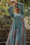 Pants and Pajamas_Blue Chanderi Embroidery V-neck Long Kurta _Online_at_Aza_Fashions