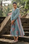 Buy_Pants and Pajamas_Blue Chanderi Embroidery V-neck Long Kurta _Online_at_Aza_Fashions