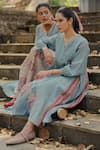 Shop_Pants and Pajamas_Blue Chanderi Embroidery V-neck Long Kurta _Online_at_Aza_Fashions