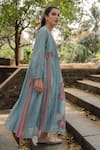 Shop_Pants and Pajamas_Blue Chanderi Embroidery V-neck Long Kurta _at_Aza_Fashions