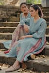 Pants and Pajamas_Blue Chanderi Embroidery Round Neck Beige And Kurta Set _Online_at_Aza_Fashions