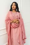 Pants and Pajamas_Pink Chanderi Embroidery Round Neck Kurta Set With Dupatta _Online_at_Aza_Fashions