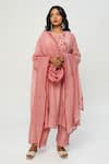 Buy_Pants and Pajamas_Pink Chanderi Embroidery Round Neck Kurta Set With Dupatta _at_Aza_Fashions