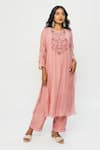Buy_Pants and Pajamas_Pink Chanderi Embroidery Round Neck Kurta Set _at_Aza_Fashions