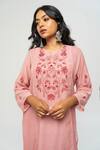 Pants and Pajamas_Pink Chanderi Embroidery Round Neck Kurta Set _Online_at_Aza_Fashions