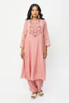 Buy_Pants and Pajamas_Pink Chanderi Embroidery Round Neck Kurta Set _Online_at_Aza_Fashions