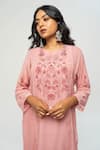Pants and Pajamas_Pink Chanderi Embroidery Round Neck Kurta _Online_at_Aza_Fashions