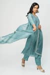 Shop_Pants and Pajamas_Blue Chanderi, Organza Embroidery V-neck Kurta Set _at_Aza_Fashions