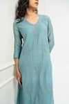 Buy_Pants and Pajamas_Blue Chanderi Embroidery V-neck Kurta Set _Online_at_Aza_Fashions