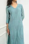 Pants and Pajamas_Blue Chanderi Embroidery V-neck Long Kurta _Online_at_Aza_Fashions