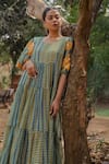 Shop_Pants and Pajamas_Multi Color Chanderi Round Neck Maxi Dress _Online_at_Aza_Fashions