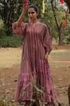 Shop_Pants and Pajamas_Pink Chanderi Embroidery Striped Maxi Dress _Online_at_Aza_Fashions