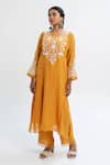 Buy_Pants and Pajamas_Orange Chanderi Embroidery Round Neck Kurta Set _at_Aza_Fashions