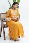 Shop_Pants and Pajamas_Orange Chanderi Embroidery Round Neck Kurta Set _Online_at_Aza_Fashions