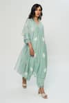 Shop_Pants and Pajamas_Green Chanderi, Organza Embroidery V-neck Kurta Set With Stole _at_Aza_Fashions