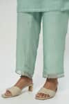 Pants and Pajamas_Green Chanderi, Organza Embroidery V-neck Kurta Set With Stole _Online_at_Aza_Fashions