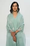 Buy_Pants and Pajamas_Green Chanderi, Organza Embroidery V-neck Kurta Set With Stole _Online_at_Aza_Fashions