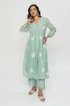 Buy_Pants and Pajamas_Blue Chanderi Embroidery V-neck Kurta Set _at_Aza_Fashions