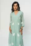 Pants and Pajamas_Blue Chanderi Embroidery V-neck Kurta Set _Online_at_Aza_Fashions