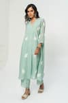 Shop_Pants and Pajamas_Blue Chanderi Embroidery V-neck Kurta Set _Online_at_Aza_Fashions