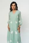 Pants and Pajamas_Blue Chanderi Embroidery V-neck Long Kurta _Online_at_Aza_Fashions