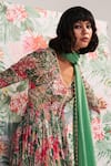 Mustard Moon by Neyha and Vrinda_Green Chiffon, Georgette Sequins, Embroidery V-neck Zahra Floral Anarkali Set _Online_at_Aza_Fashions