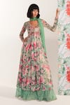 Buy_Mustard Moon by Neyha and Vrinda_Green Chiffon, Georgette Sequins, Embroidery V-neck Zahra Floral Anarkali Set _at_Aza_Fashions