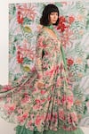 Shop_Mustard Moon by Neyha and Vrinda_Green Chiffon, Georgette Sequins, Embroidery V-neck Zahra Floral Anarkali Set 