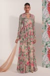 Buy_Mustard Moon by Neyha and Vrinda_Green Chiffon Sequins V-neck Floral Kurta And Sharara Set _at_Aza_Fashions