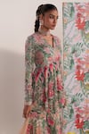 Buy_Mustard Moon by Neyha and Vrinda_Green Chiffon Sequins V-neck Floral Kurta And Sharara Set _Online_at_Aza_Fashions