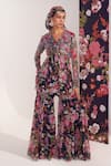 Mustard Moon by Neyha and Vrinda_Blue Chiffon Sequins, Beads, Embroidery V-neck Floral Kurta And Sharara Set _Online_at_Aza_Fashions