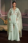 Buy_Mustard Moon by Neyha and Vrinda_Green Georgette, Net Embroidery, Tassels V-neck Amara Sage Kurta Set _at_Aza_Fashions