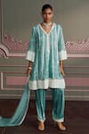 Buy_Mustard Moon by Neyha and Vrinda_Blue Georgette, Modal, Satin, Net Embroidery, Lace V-neck Freshwater Kurta Set _at_Aza_Fashions
