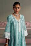 Shop_Mustard Moon by Neyha and Vrinda_Blue Georgette, Modal, Satin, Net Embroidery, Lace V-neck Freshwater Kurta Set _Online_at_Aza_Fashions